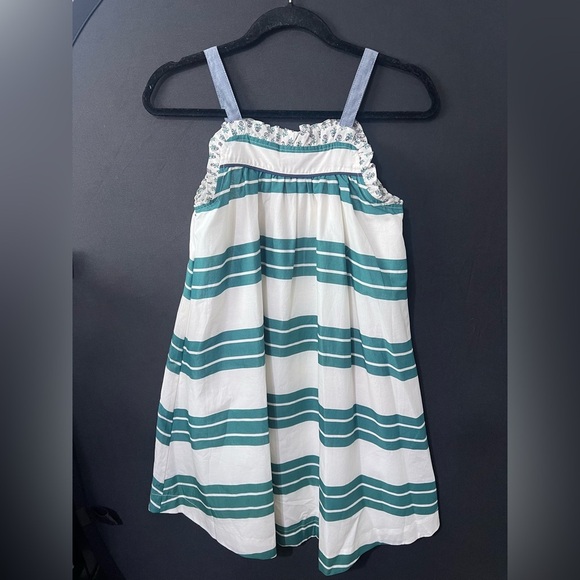 Pink Chicken Girls Dress Sz 12Y Off White/Green Stripes Ruffle Neck Adjust Strap - Picture 1 of 5